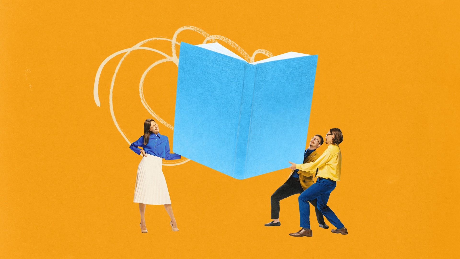 Contemporary art collage. Group of professionals holding huge blue book as study guide. Guidance necessary to navigate success.