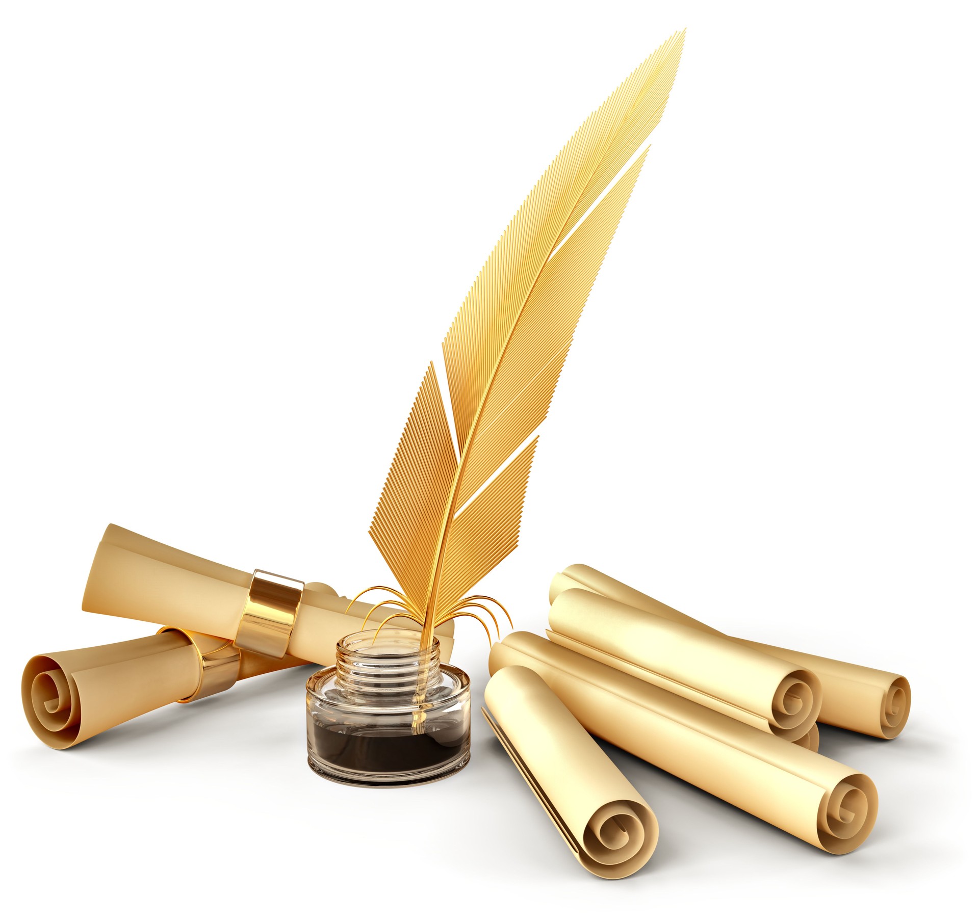 old-fashioned feather with ink and blank scrolls