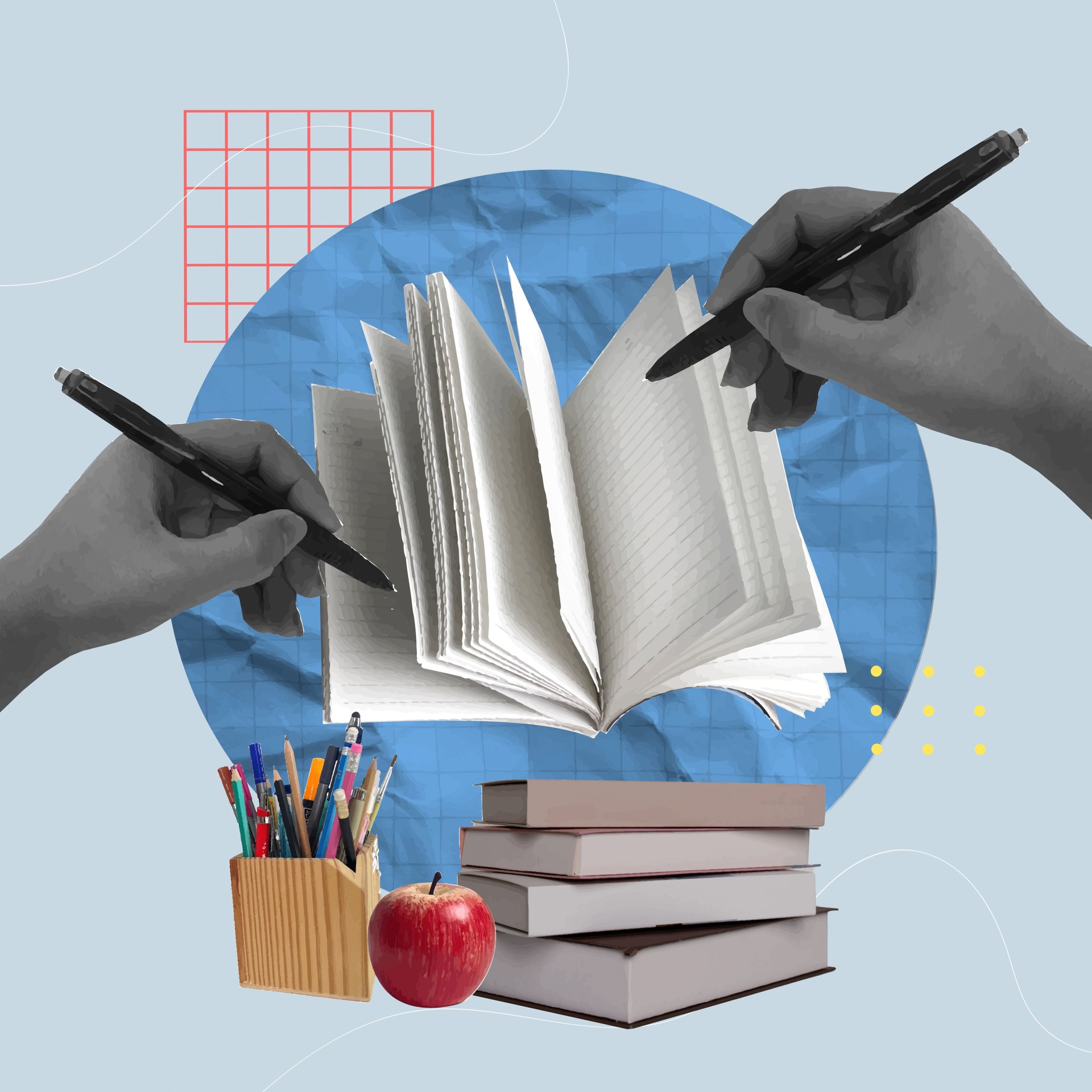 Inspiring collage of hands writing in an open book with colorful stationery, vector illustration